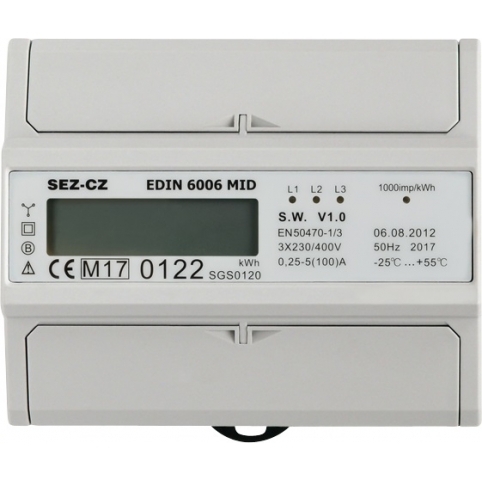 EDIN 6006 MID Fakturační elektroměr, MID, 5-100 A, 1 tarif, 3 fázový, LCD displej, 7M/DIN 1