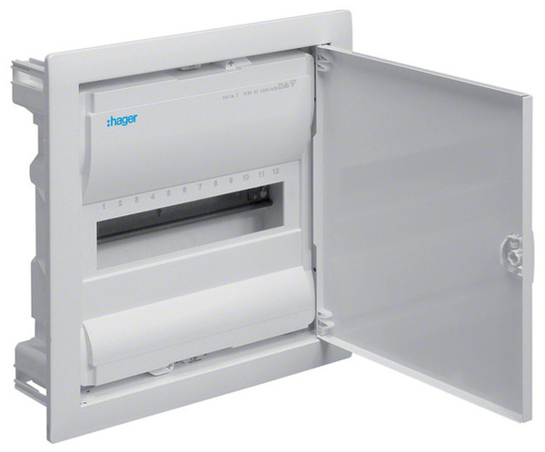 HAGER Skříň VOLTA VU12NE, 12TE, 1-řadá, zapuštěná, plastová vana, kovová plná dvířka, šrou 1