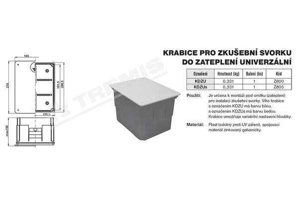 Tremis krabice KDZU pro zkušeb. svorku 210x165x80(150)mm BÍLÁ Z800 Tremis krabice KDZU pro zkušeb. svorku 210x165x80(150)mm BÍLÁ Z800 1