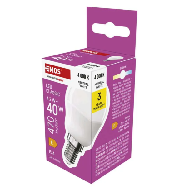 LED žárovka Classic Mini Globe / E14 / 4,2 W (40 W) / 470 lm / neutrální bílá ZQ1E23 1