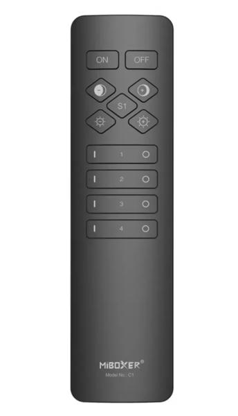 Dálkový ovladač C1 pro jednobar. a CCT LED 4zóny 2.4GHz, 2 x AAA, Mi-Light - černá Dálkový ovladač C1 pro jednobar. a CCT LED 4zóny 2.4GHz, 2 x AAA, Mi-Light - černá 1