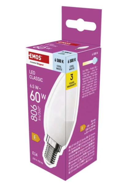 ZQ3E44 - LED CLS CANDLE 6,5W(60W) 806lm 
E14 CW 1