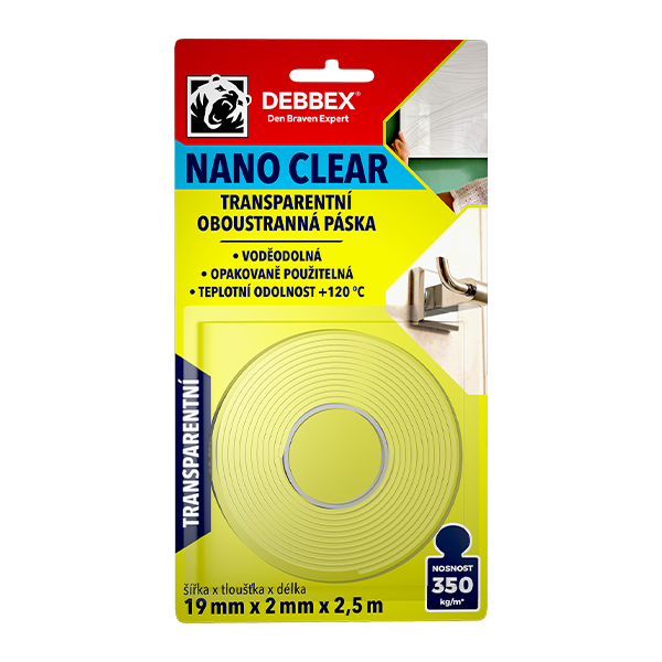 Páska oboustranná NANO CLEAR transparentní 19mm x 2mm x 2,5m, 3"core DEBBEX Páska oboustranná NANO CLEAR transparentní 19mm x 2mm x 2,5m, 3"core DEBBEX 1