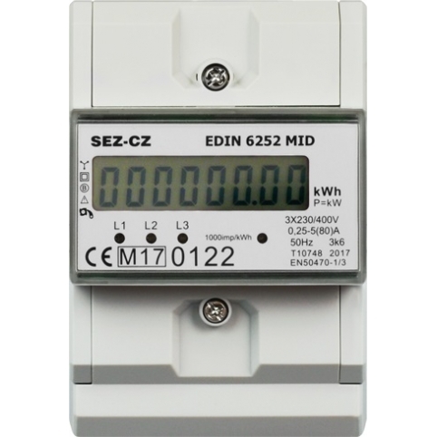 EDIN 6252 MID Fakturační elektroměr, MID, 5-80A, 1-tarif, 3-fázový, LCD displej, 4M/DIN 1