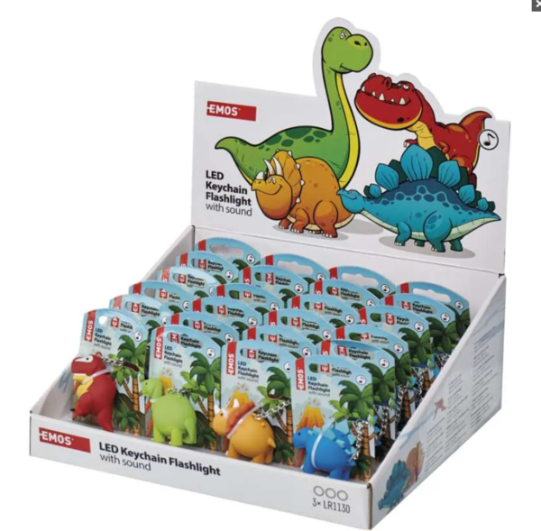 LED klíčenka – dinosauři se zvukem na LR54, 24 ks, display box P4711 1