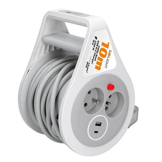 Prodlužovací přívod na bubnu 10m, USB A+C, 
2 zásuvky, šedý kabel, 3x 1,0mm2 PB25C 1